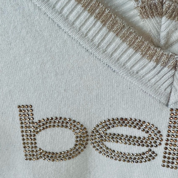 NWT Bebe White and Gold Rhinestone 3/4 sleeve V-Neck Knit Top Fitted Sweater S M - Picture 7 of 15